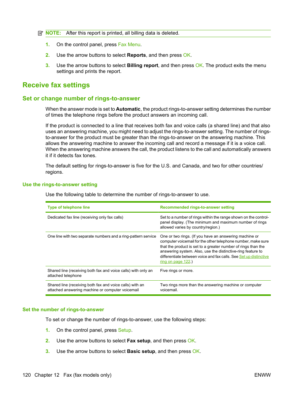 Receive fax settings, Set or change number of rings-to-answer, Use the rings-to-answer setting | Set the number of rings-to-answer | HP CM1312 MFP Series User Manual | Page 132 / 276