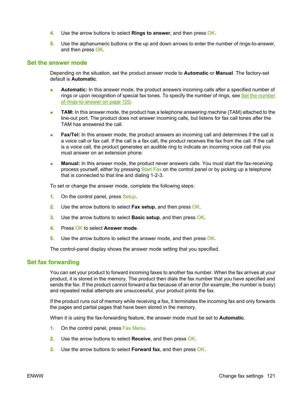 Set the answer mode, Set fax forwarding | HP CM1312 MFP Series User Manual | Page 133 / 276