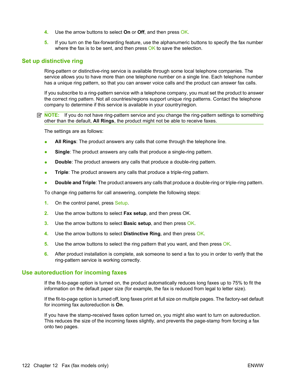 Set up distinctive ring, Use autoreduction for incoming faxes | HP CM1312 MFP Series User Manual | Page 134 / 276