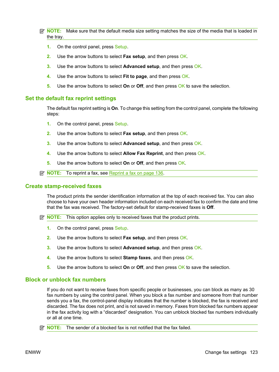 Set the default fax reprint settings, Create stamp-received faxes, Block or unblock fax numbers | HP CM1312 MFP Series User Manual | Page 135 / 276