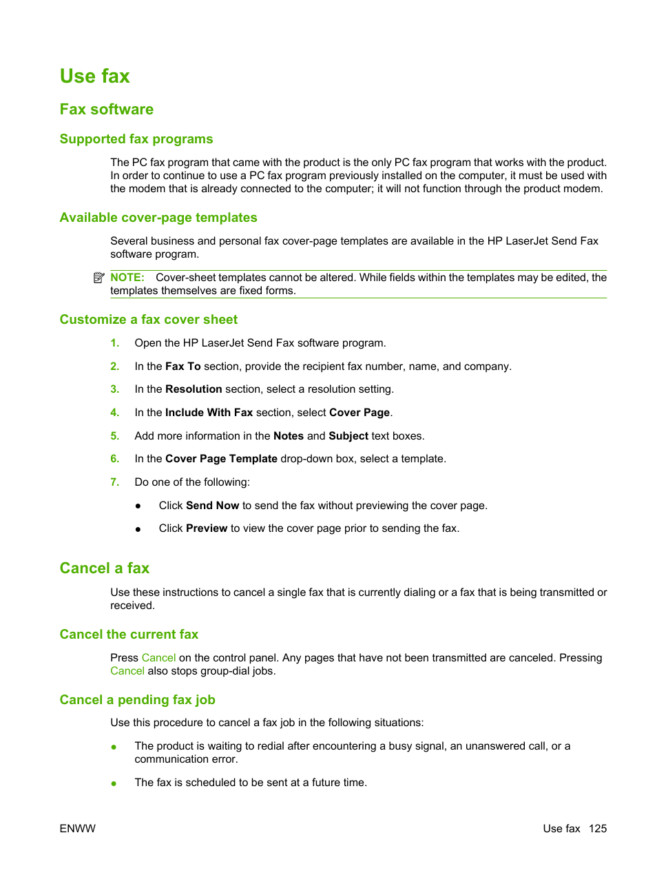 Use fax, Fax software, Supported fax programs | Customize a fax cover sheet, Cancel a fax, Cancel the current fax, Cancel a pending fax job, Fax software cancel a fax | HP CM1312 MFP Series User Manual | Page 137 / 276