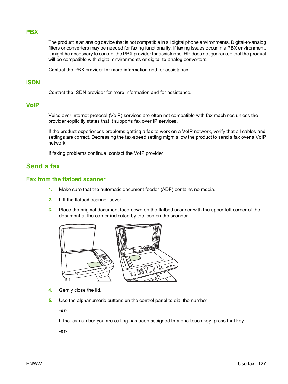 Isdn, Voip, Send a fax | Fax from the flatbed scanner | HP CM1312 MFP Series User Manual | Page 139 / 276