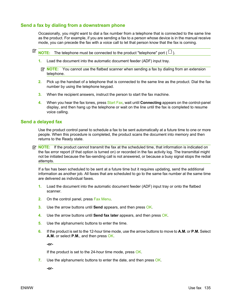 Send a fax by dialing from a downstream phone, Send a delayed fax | HP CM1312 MFP Series User Manual | Page 147 / 276