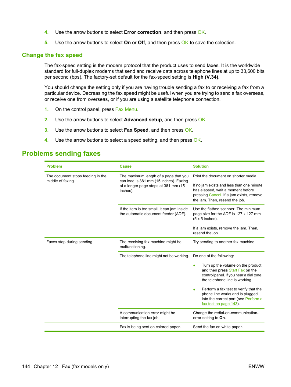 Change the fax speed, Problems sending faxes, Change the fax | HP CM1312 MFP Series User Manual | Page 156 / 276