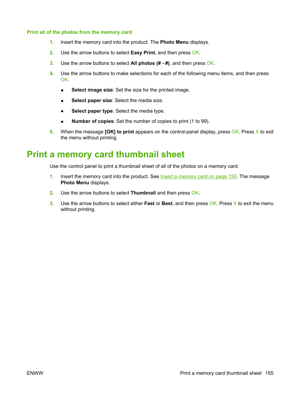 Print a memory card thumbnail sheet | HP CM1312 MFP Series User Manual | Page 167 / 276