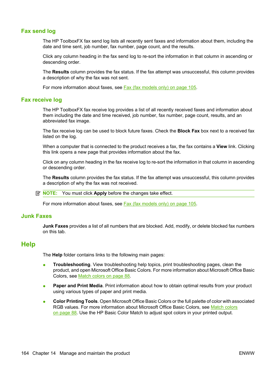 Fax send log, Fax receive log, Junk faxes | Help | HP CM1312 MFP Series User Manual | Page 176 / 276