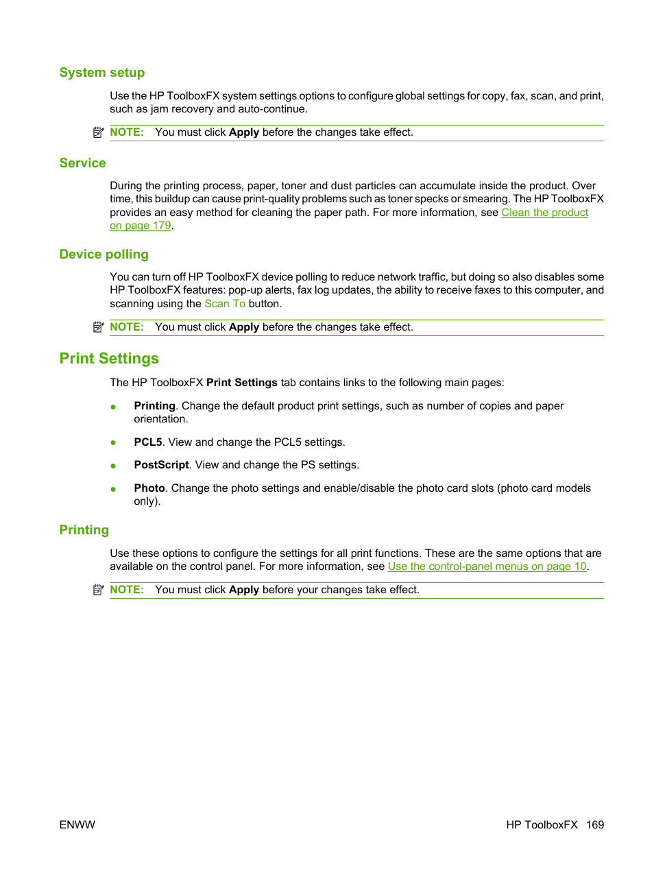 System setup, Service, Device polling | Print settings, Printing | HP CM1312 MFP Series User Manual | Page 181 / 276