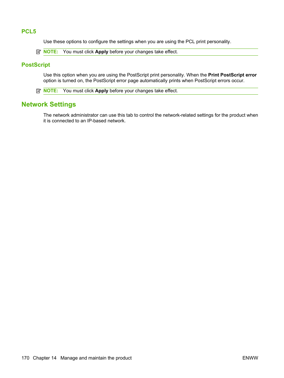 Pcl5, Postscript, Network settings | HP CM1312 MFP Series User Manual | Page 182 / 276