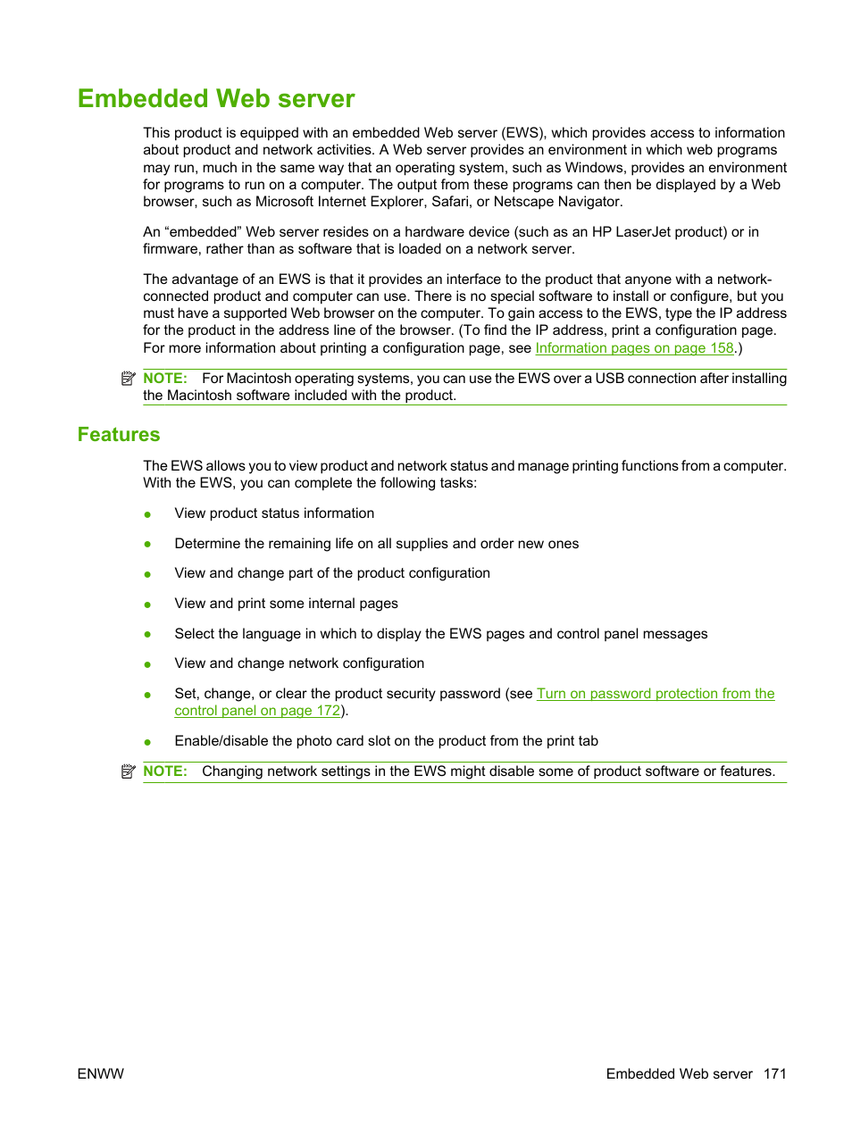 Embedded web server, Features | HP CM1312 MFP Series User Manual | Page 183 / 276