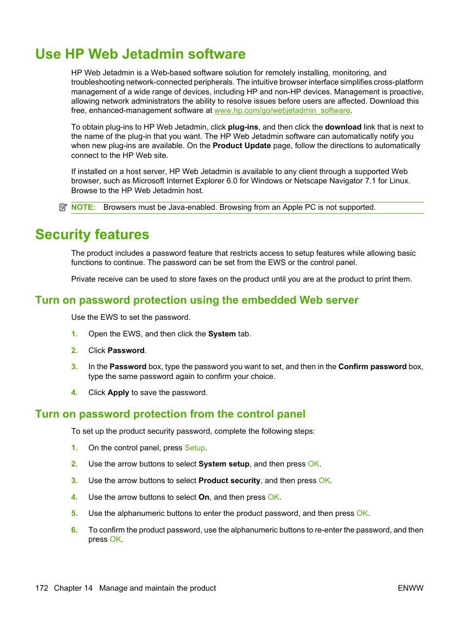 Use hp web jetadmin software, Security features, Turn on password protection from the control panel | Use hp web jetadmin software security features, Turn on password protection, Turn on password protection from the | HP CM1312 MFP Series User Manual | Page 184 / 276