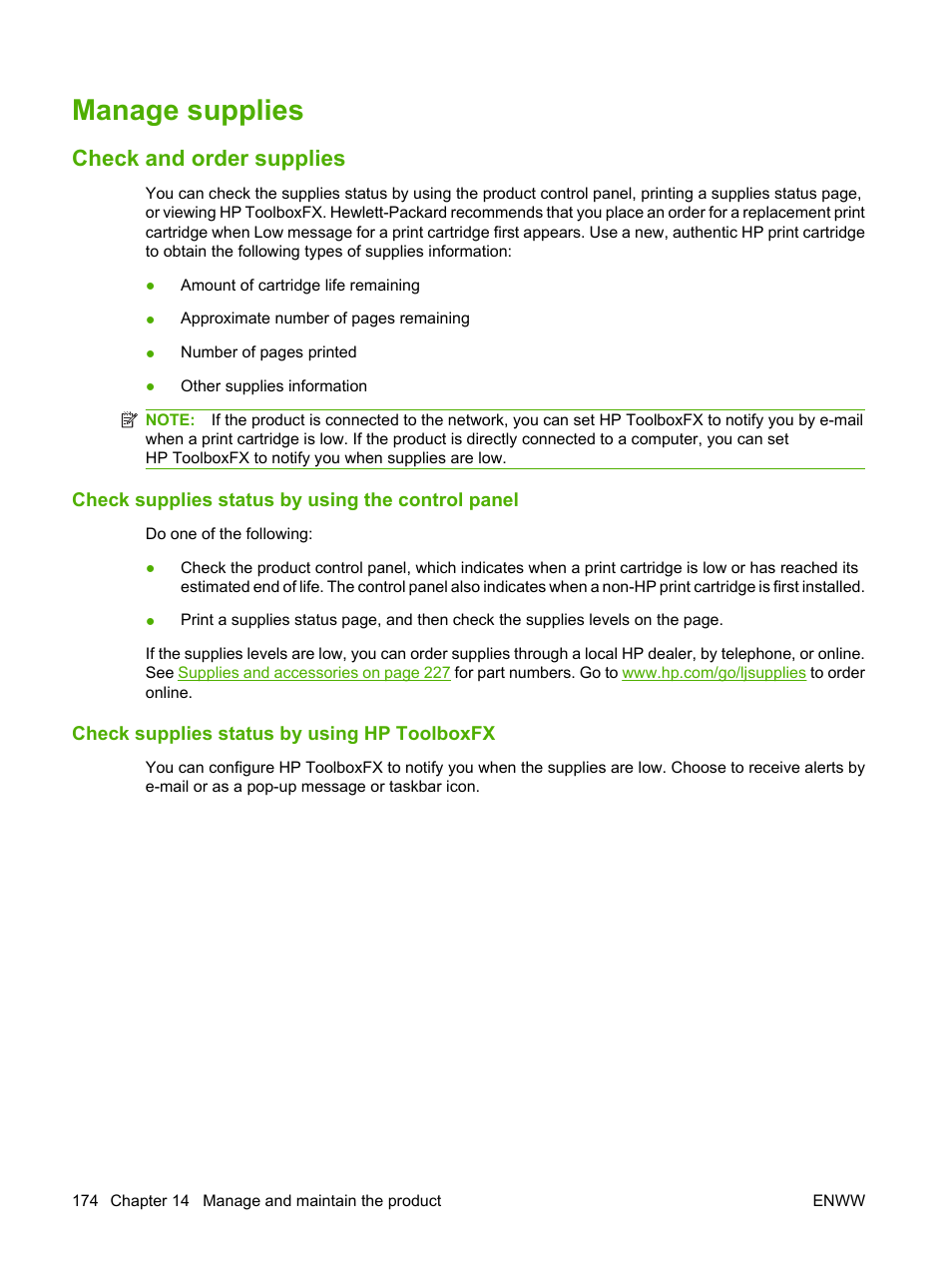 Manage supplies, Check and order supplies, Check supplies status by using the control panel | Check supplies status by using hp toolboxfx | HP CM1312 MFP Series User Manual | Page 186 / 276