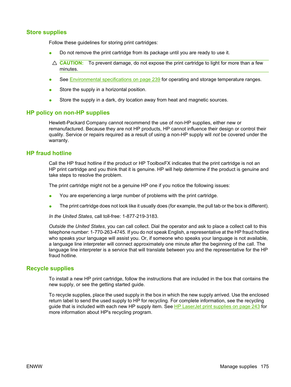 Store supplies, Hp policy on non-hp supplies, Hp fraud hotline | Recycle supplies | HP CM1312 MFP Series User Manual | Page 187 / 276