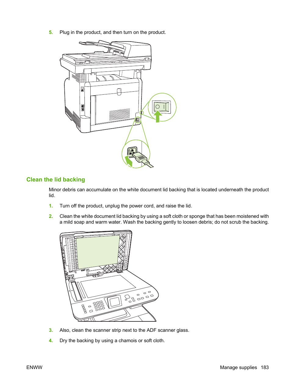Clean the lid backing | HP CM1312 MFP Series User Manual | Page 195 / 276