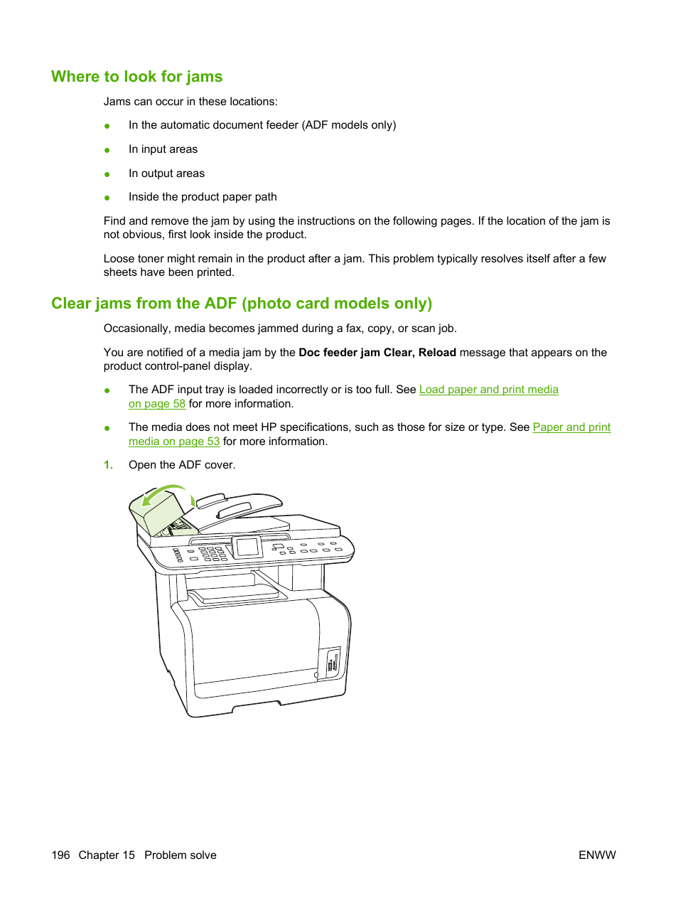 Where to look for jams, Clear jams from the adf (photo card models only), Clear jams | Then, clear | HP CM1312 MFP Series User Manual | Page 208 / 276