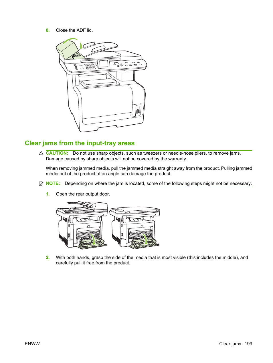 Clear jams from the input-tray areas | HP CM1312 MFP Series User Manual | Page 211 / 276