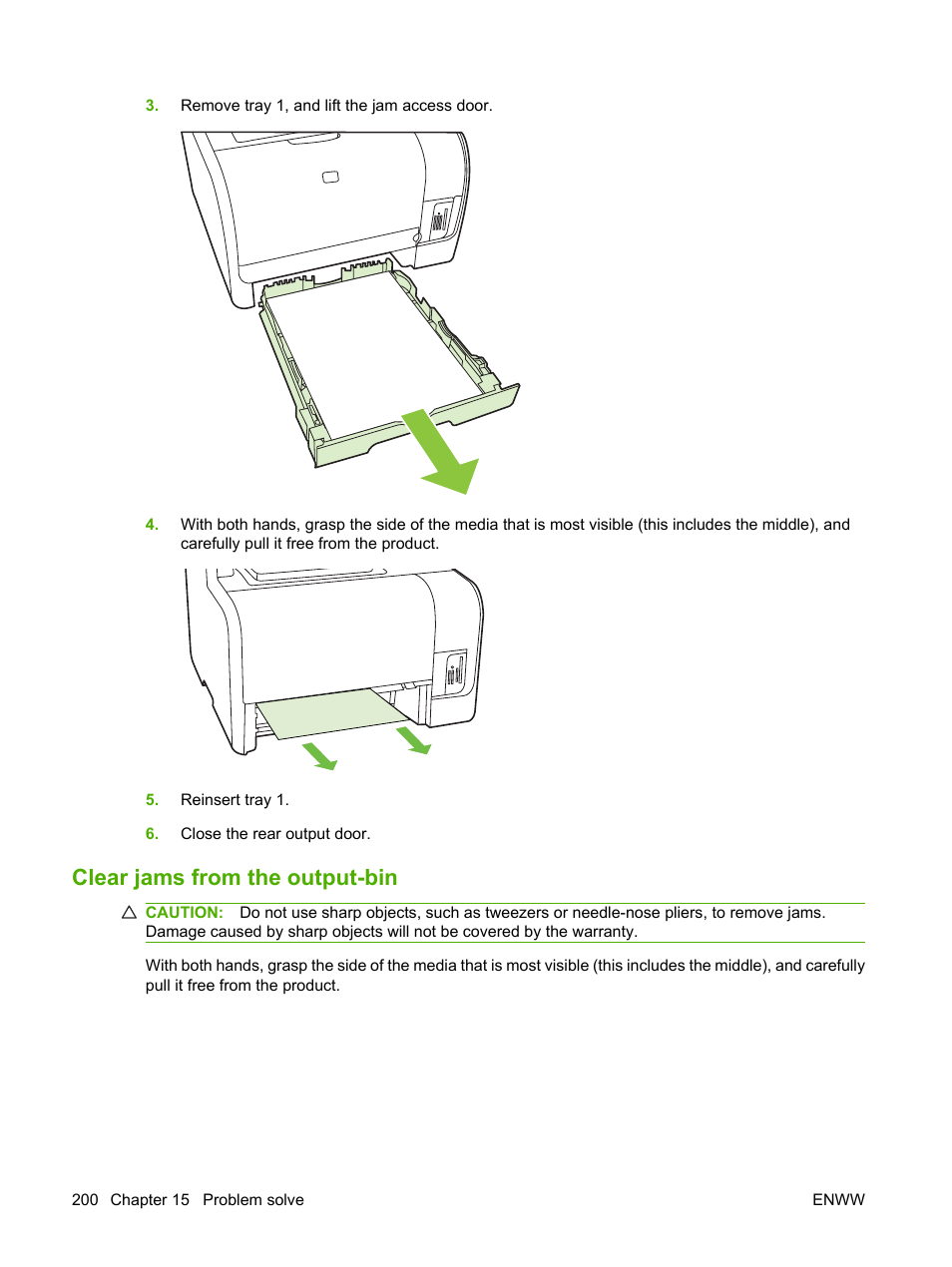 Clear jams from the output-bin | HP CM1312 MFP Series User Manual | Page 212 / 276