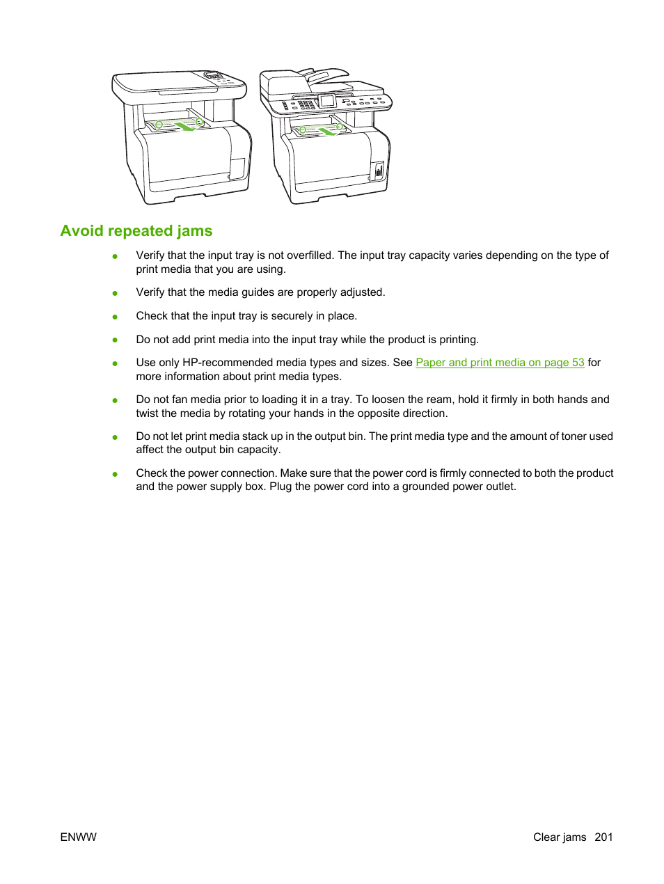 Avoid repeated jams | HP CM1312 MFP Series User Manual | Page 213 / 276