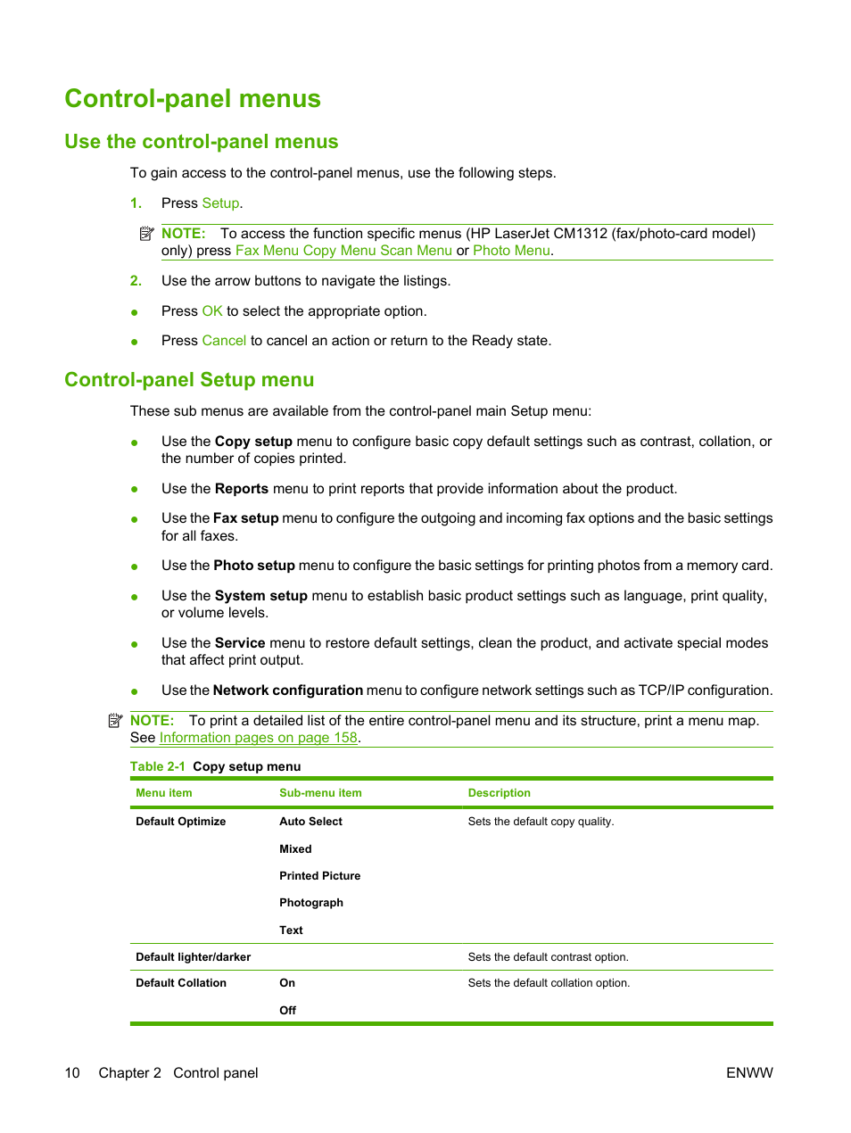 Control-panel menus, Use the control-panel menus, Control-panel setup menu | HP CM1312 MFP Series User Manual | Page 22 / 276