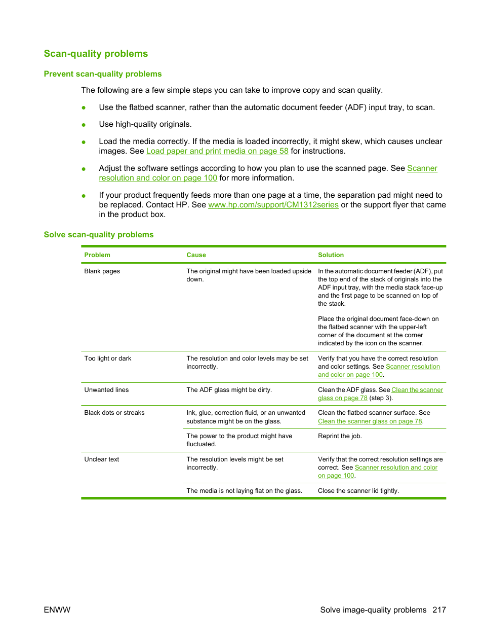 Scan-quality problems, Prevent scan-quality problems, Solve scan-quality problems | HP CM1312 MFP Series User Manual | Page 229 / 276