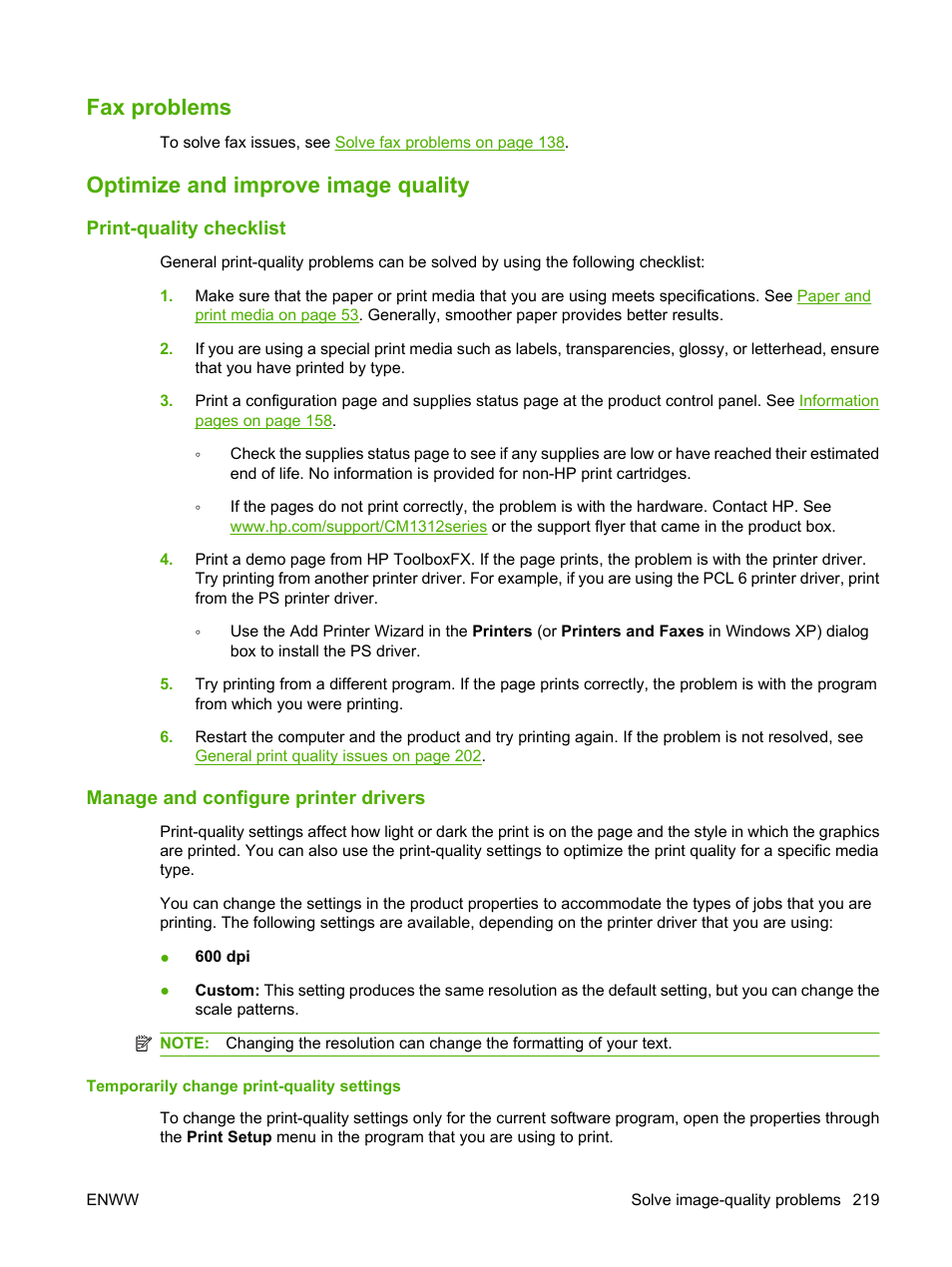 Fax problems, Optimize and improve image quality, Print-quality checklist | Manage and configure printer drivers, Temporarily change print-quality settings, Fax problems optimize and improve image quality | HP CM1312 MFP Series User Manual | Page 231 / 276