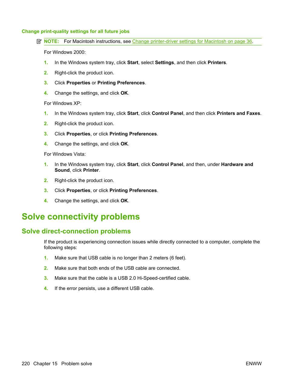 Change print-quality settings for all future jobs, Solve connectivity problems, Solve direct-connection problems | HP CM1312 MFP Series User Manual | Page 232 / 276