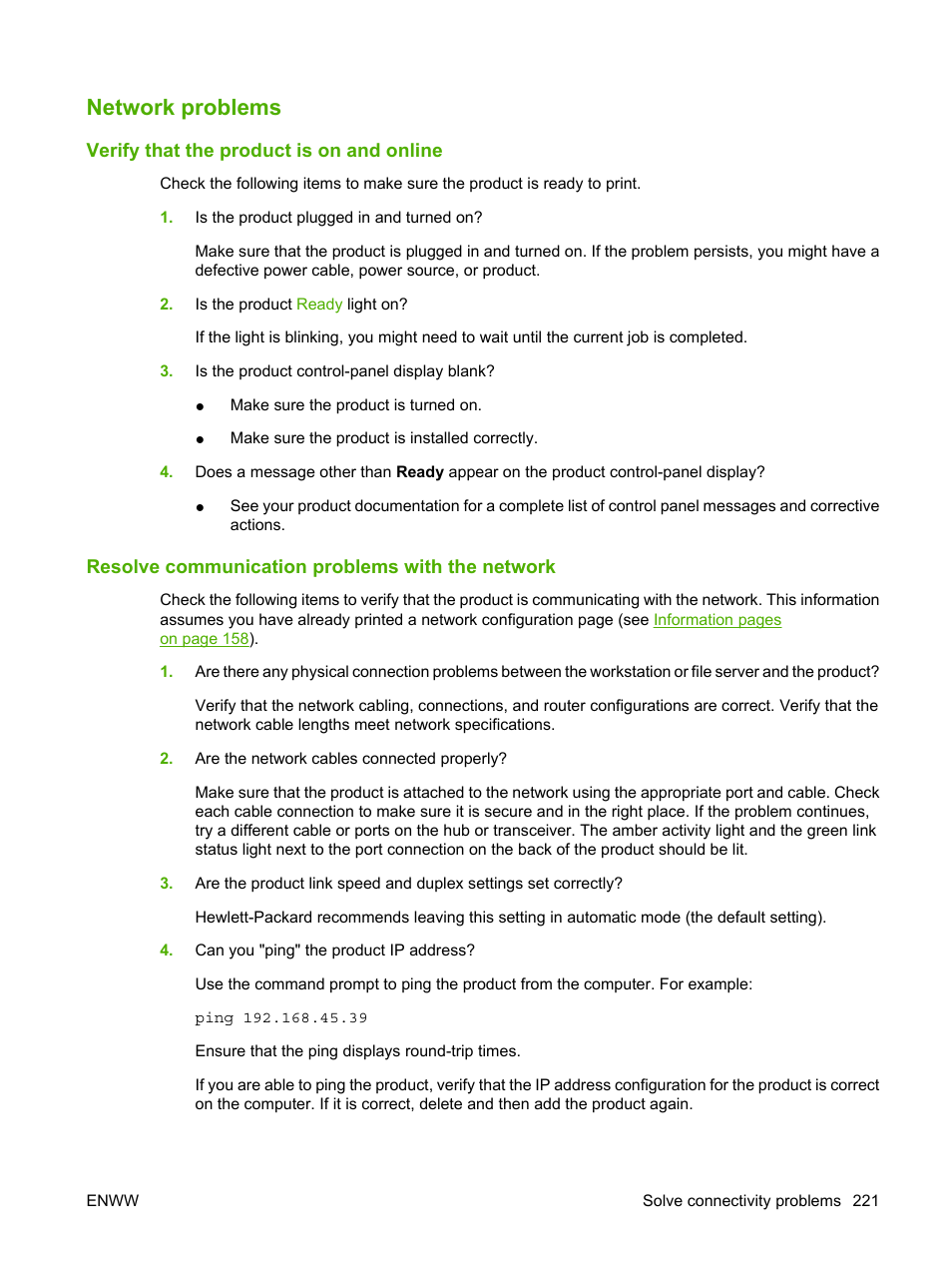 Network problems, Verify that the product is on and online, Resolve communication problems with the network | HP CM1312 MFP Series User Manual | Page 233 / 276