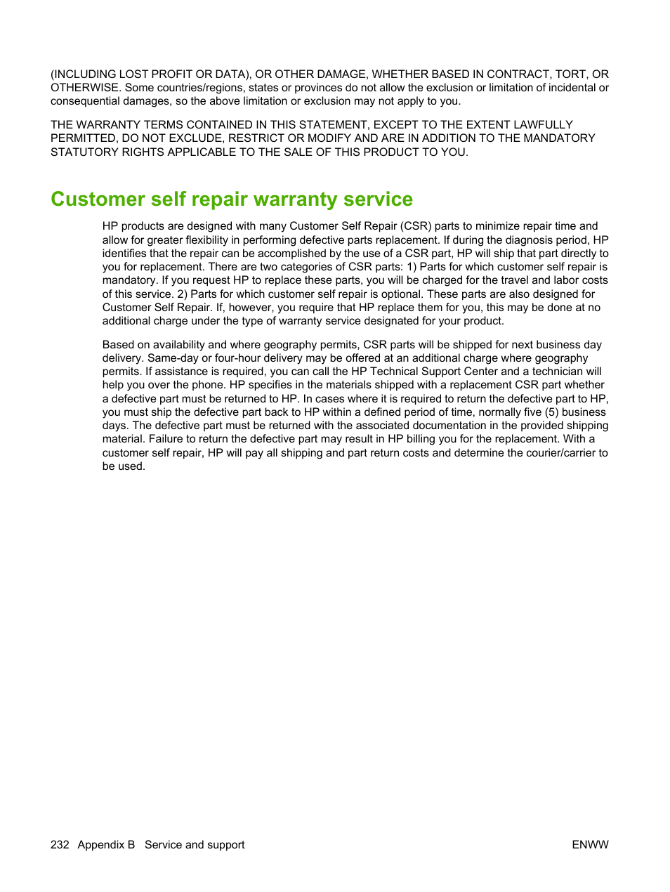 Customer self repair warranty service | HP CM1312 MFP Series User Manual | Page 244 / 276