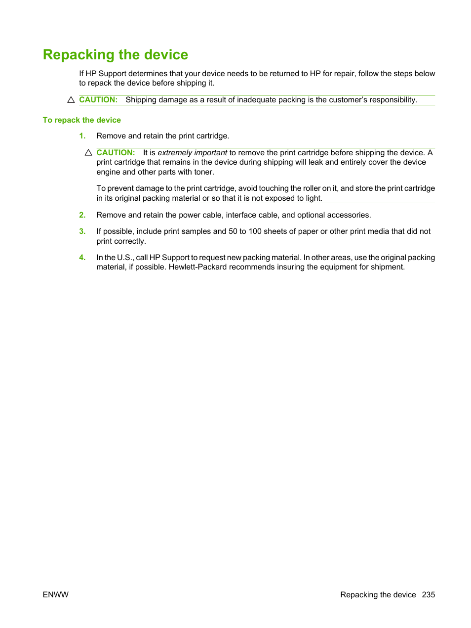 Repacking the device | HP CM1312 MFP Series User Manual | Page 247 / 276