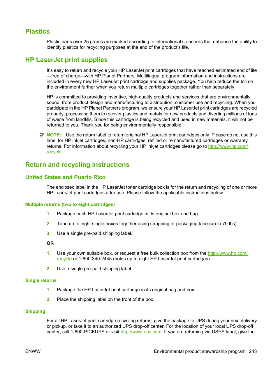 Plastics, Hp laserjet print supplies, Return and recycling instructions | United states and puerto rico, Multiple returns (two to eight cartridges), Single returns, Shipping | HP CM1312 MFP Series User Manual | Page 255 / 276