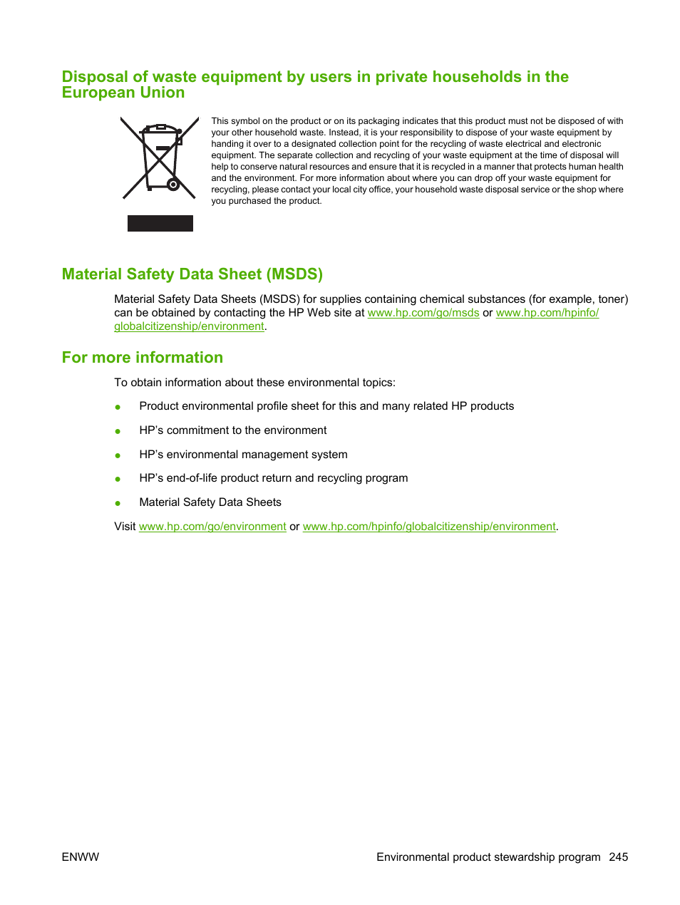 Material safety data sheet (msds), For more information | HP CM1312 MFP Series User Manual | Page 257 / 276