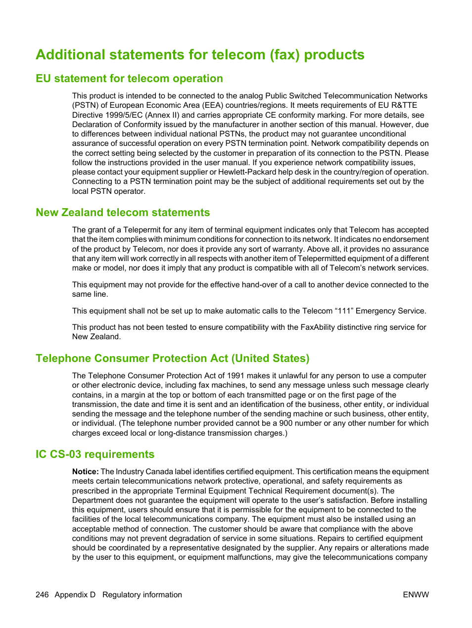 Additional statements for telecom (fax) products, Eu statement for telecom operation, New zealand telecom statements | Telephone consumer protection act (united states), Ic cs-03 requirements | HP CM1312 MFP Series User Manual | Page 258 / 276