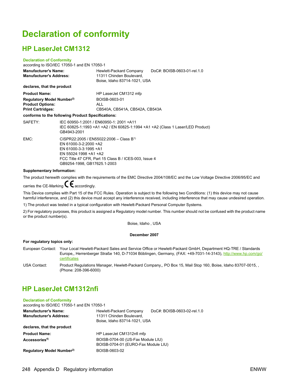 Declaration of conformity, Hp laserjet cm1312, Hp laserjet cm1312nfi | Hp laserjet cm1312 hp laserjet cm1312nfi, 248 appendix d regulatory information enww | HP CM1312 MFP Series User Manual | Page 260 / 276