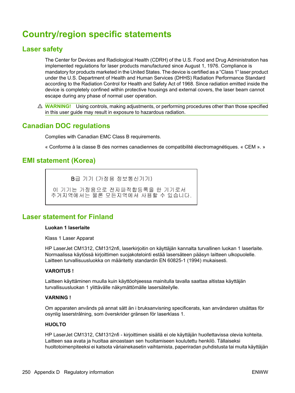 Country/region specific statements, Laser safety, Canadian doc regulations | Emi statement (korea), Laser statement for finland, Emi statement (korea) laser statement for finland | HP CM1312 MFP Series User Manual | Page 262 / 276