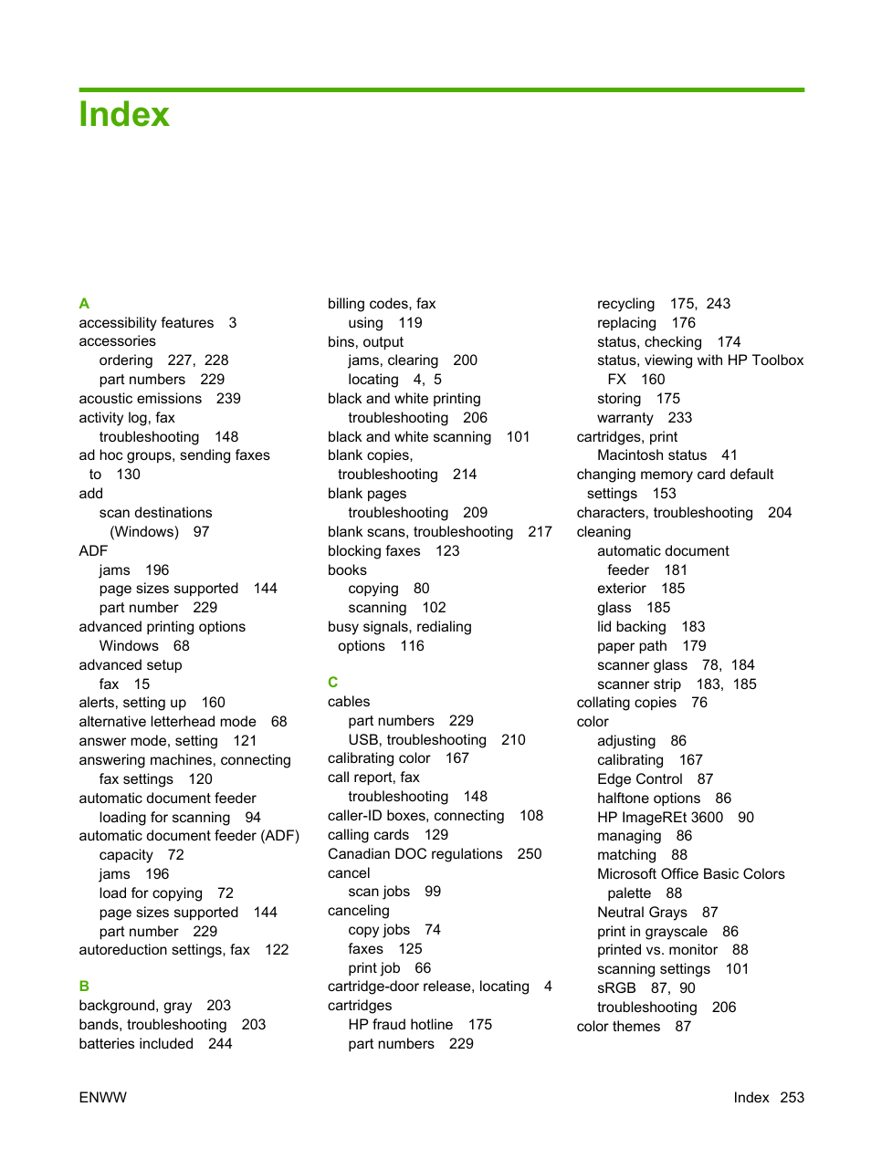 Index | HP CM1312 MFP Series User Manual | Page 265 / 276