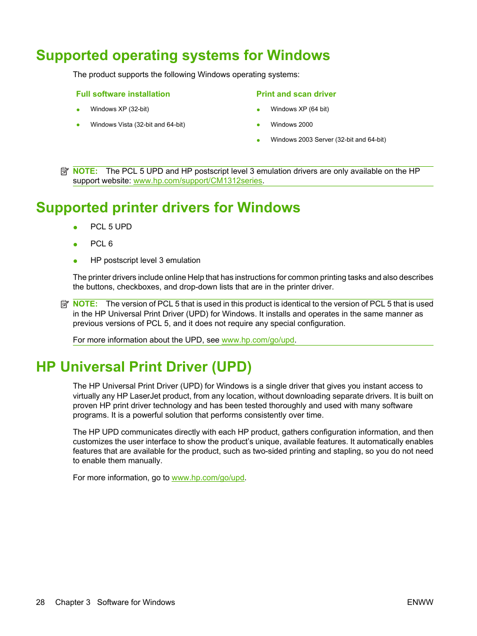 Supported operating systems for windows, Supported printer drivers for windows, Hp universal print driver (upd) | HP CM1312 MFP Series User Manual | Page 40 / 276
