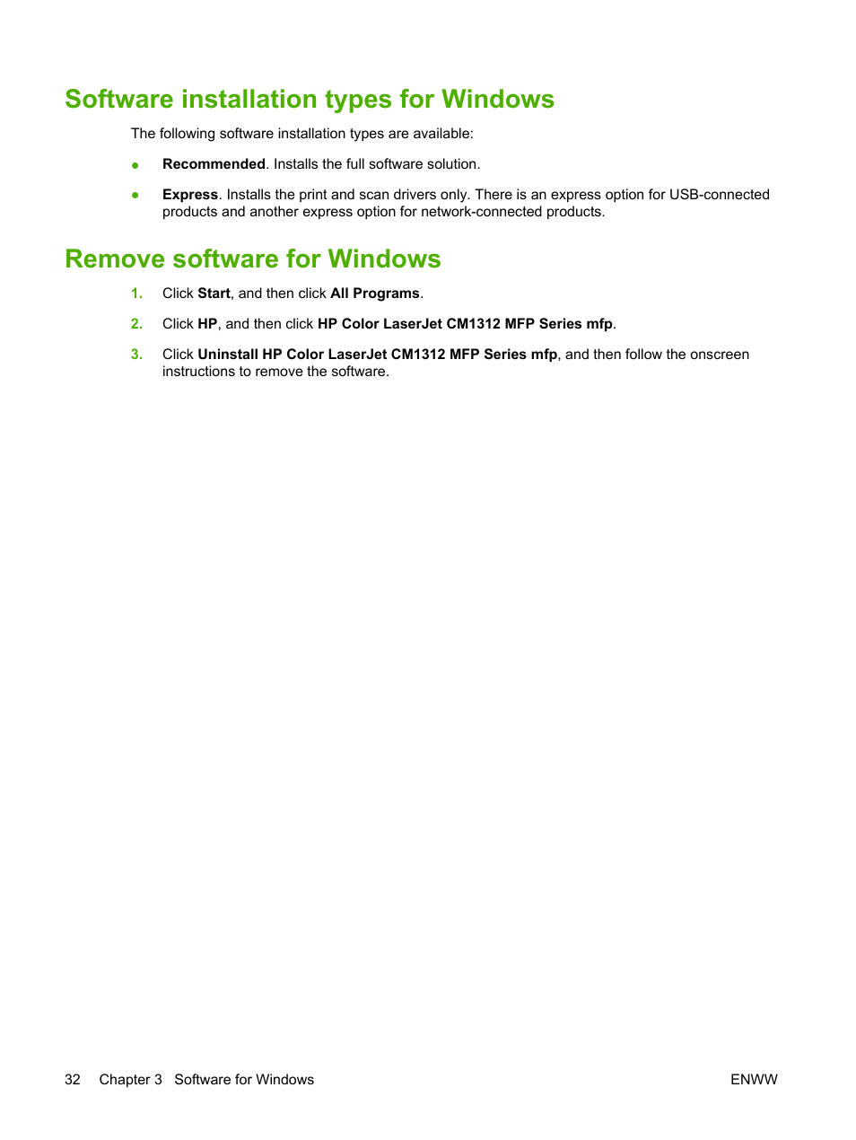 Software installation types for windows, Remove software for windows | HP CM1312 MFP Series User Manual | Page 44 / 276