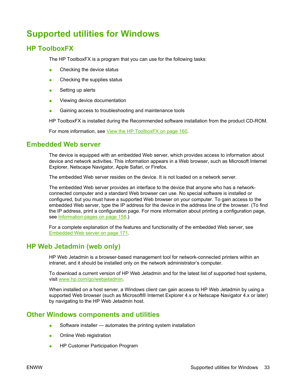 Supported utilities for windows, Hp toolboxfx, Embedded web server | Hp web jetadmin (web only), Other windows components and utilities | HP CM1312 MFP Series User Manual | Page 45 / 276