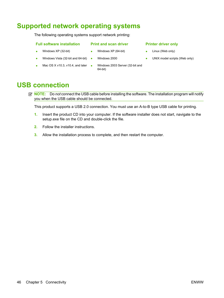 Supported network operating systems, Usb connection, Supported network operating systems usb connection | HP CM1312 MFP Series User Manual | Page 58 / 276