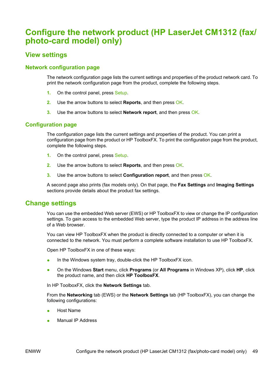 View settings, Change settings, View settings change settings | HP CM1312 MFP Series User Manual | Page 61 / 276