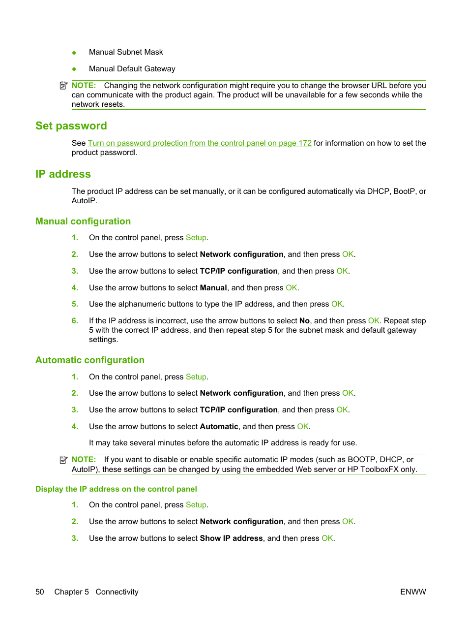 Set password, Ip address, Manual configuration | Automatic configuration, Set password ip address | HP CM1312 MFP Series User Manual | Page 62 / 276
