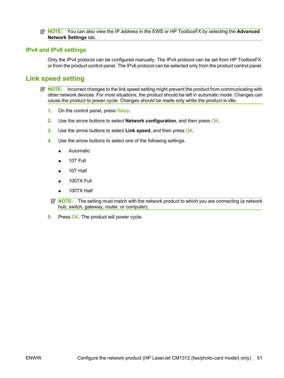 Ipv4 and ipv6 settings, Link speed setting | HP CM1312 MFP Series User Manual | Page 63 / 276