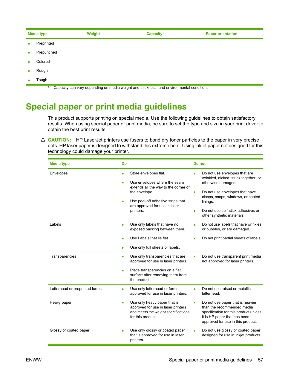 Special paper or print media guidelines, Enww special paper or print media guidelines 57 | HP CM1312 MFP Series User Manual | Page 69 / 276