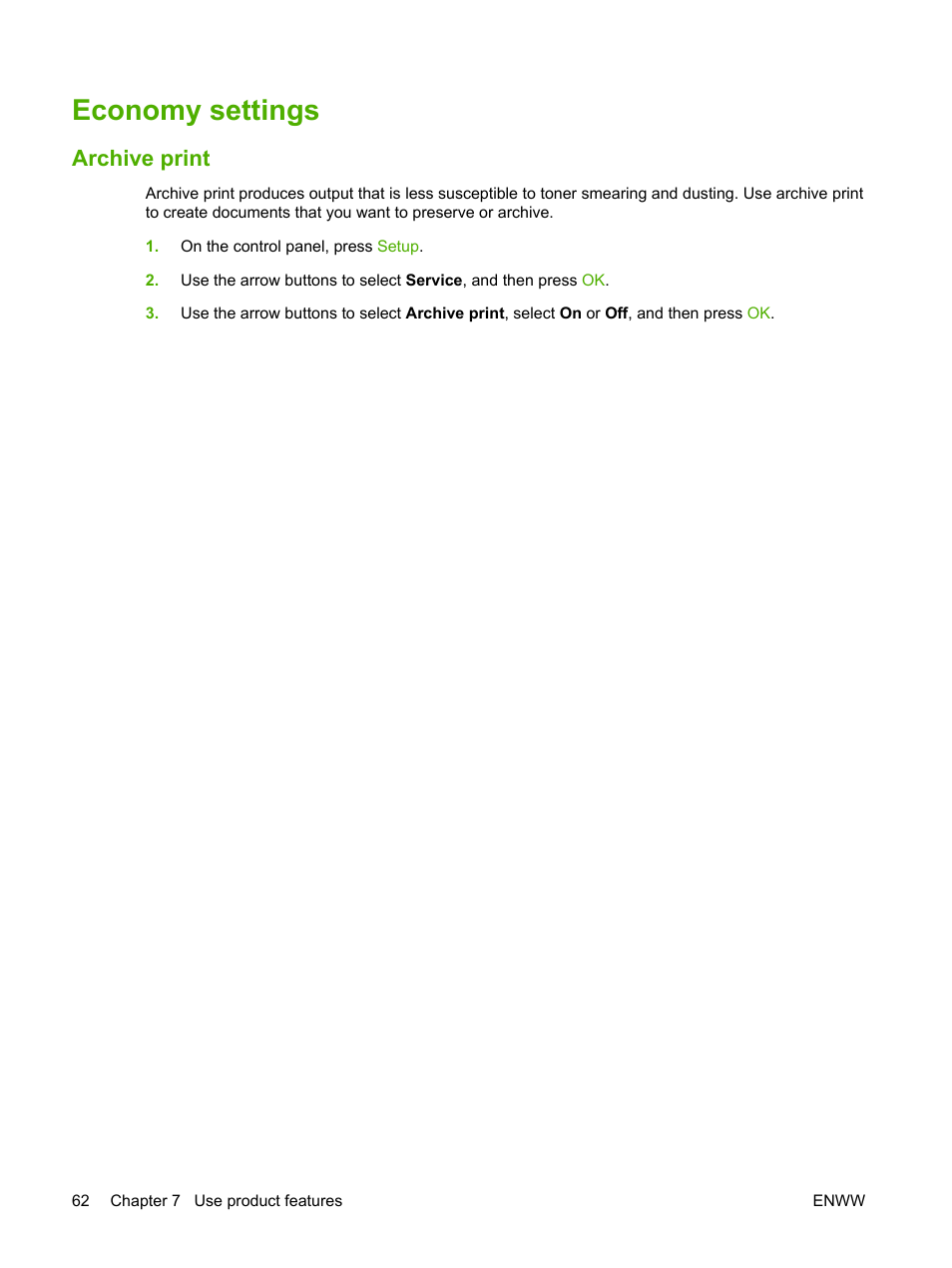 Economy settings, Archive print | HP CM1312 MFP Series User Manual | Page 74 / 276