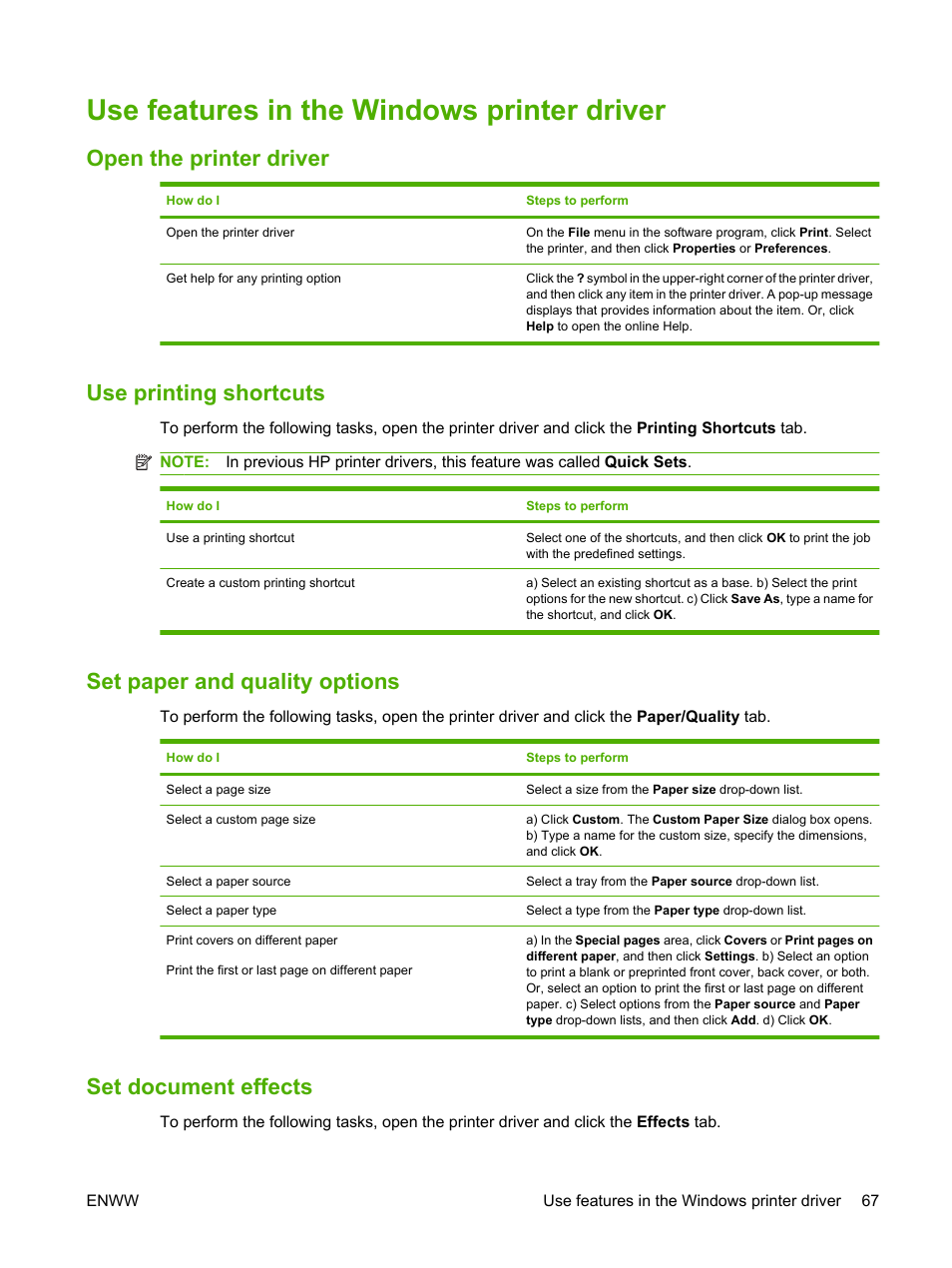 Use features in the windows printer driver, Open the printer driver, Use printing shortcuts | Set paper and quality options, Set document effects | HP CM1312 MFP Series User Manual | Page 79 / 276