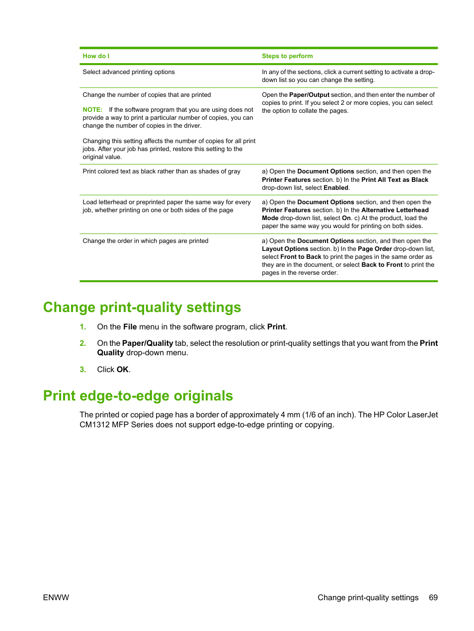 Change print-quality settings, Print edge-to-edge originals | HP CM1312 MFP Series User Manual | Page 81 / 276