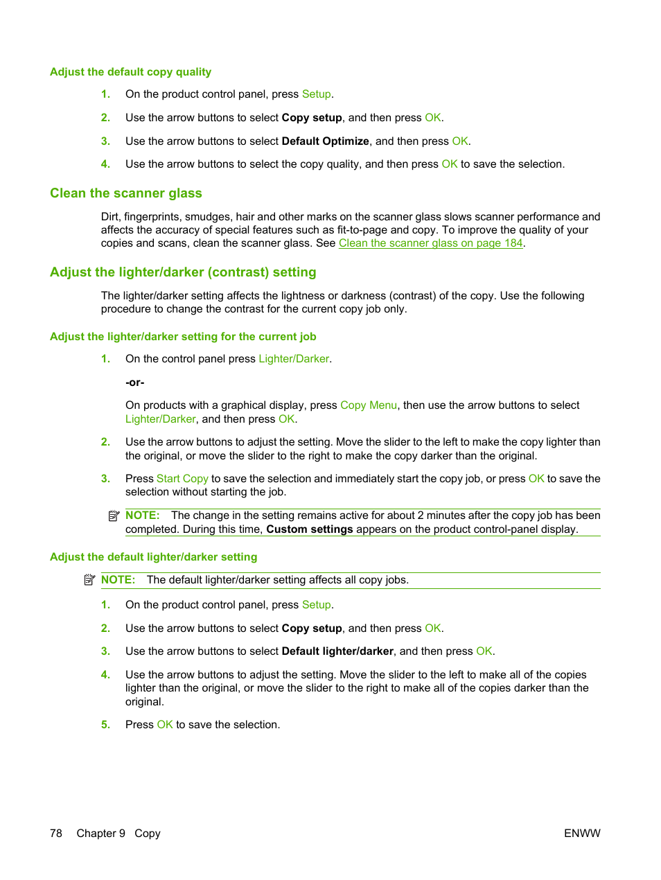 Clean the scanner glass, Adjust the lighter/darker (contrast) setting | HP CM1312 MFP Series User Manual | Page 90 / 276