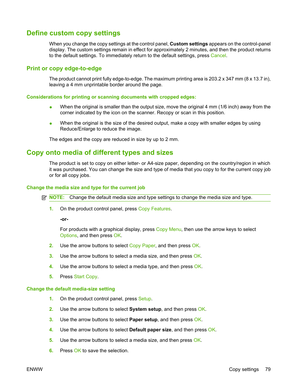 Define custom copy settings, Print or copy edge-to-edge, Copy onto media of different types and sizes | HP CM1312 MFP Series User Manual | Page 91 / 276