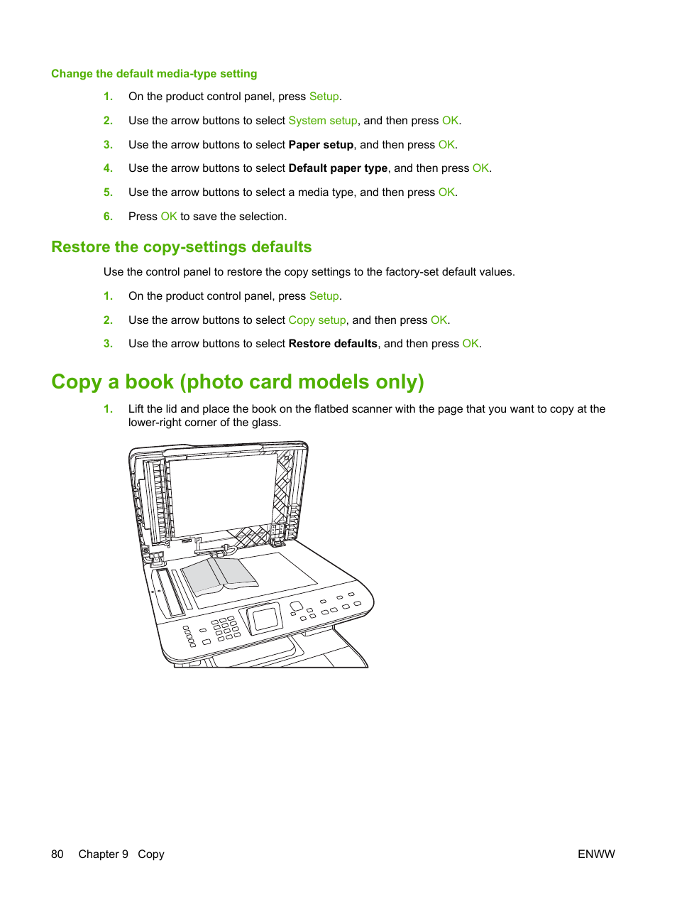 Restore the copy-settings defaults, Copy a book (photo card models only) | HP CM1312 MFP Series User Manual | Page 92 / 276