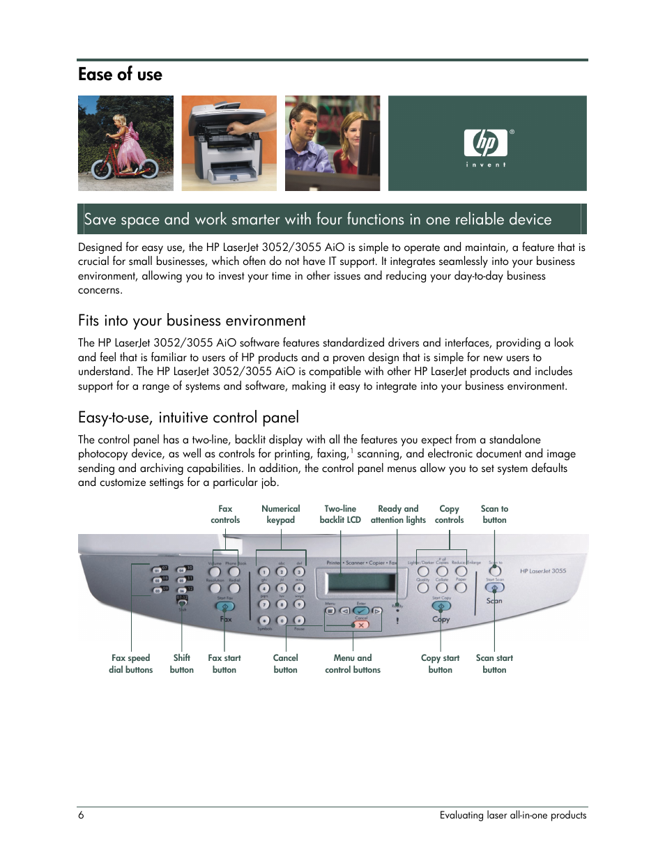 Ease of use, Fits into your business environment, Easy-to-use, intuitive control panel | HP LaserJet 3052 User Manual | Page 10 / 38