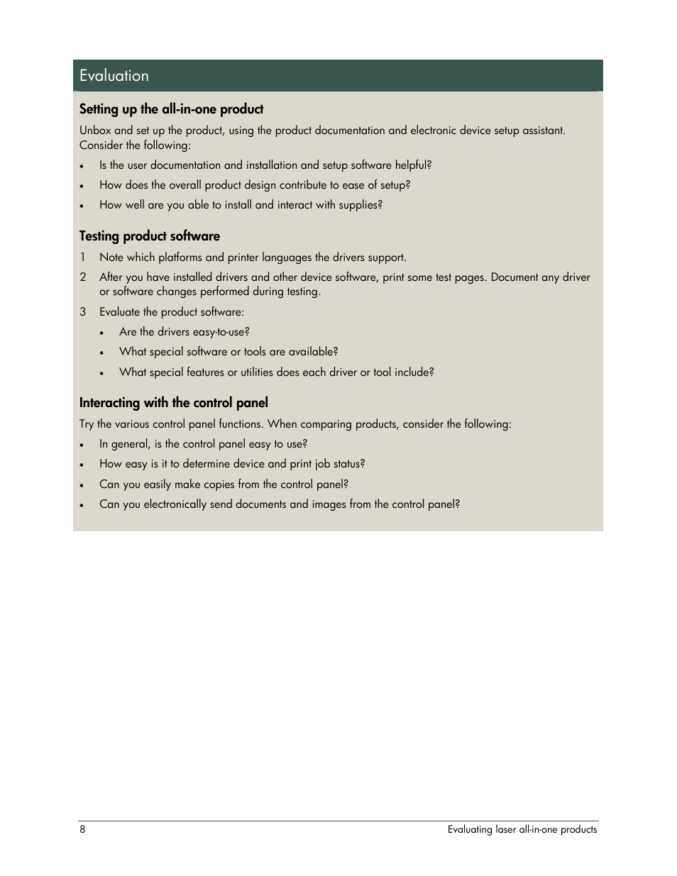 Evaluation, Setting up the all-in-one product, Testing product software | Interacting with the control panel | HP LaserJet 3052 User Manual | Page 12 / 38